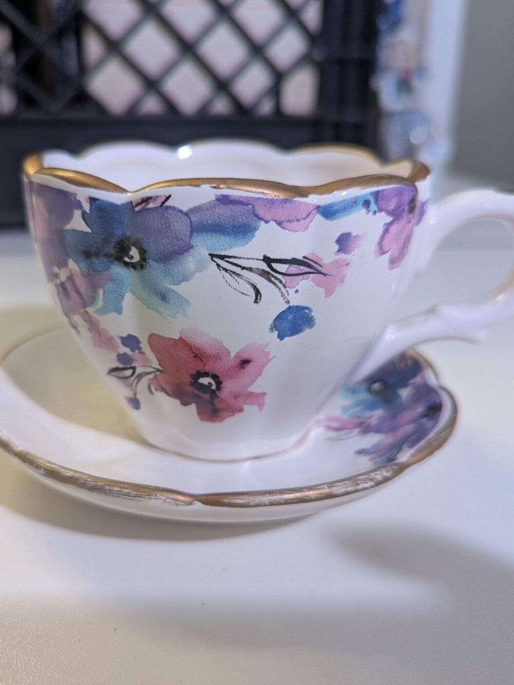 White Decorative Tea Cup & Saucer w/ Multicolor Flowers Gold Edges